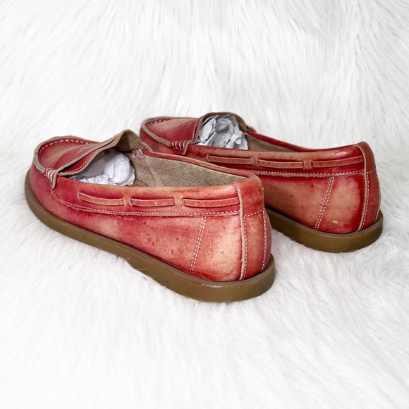 SOLD-Bed Stu Distressed Organic Dyed Ombre Red Boho Leather Slip On Loafers - Picture 3 of 12